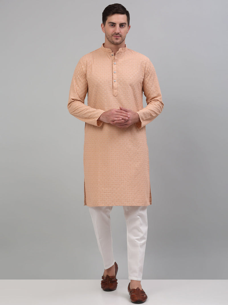 Men's Peach Chikankari Embroidered and Sequence Kurta with Pyjama.