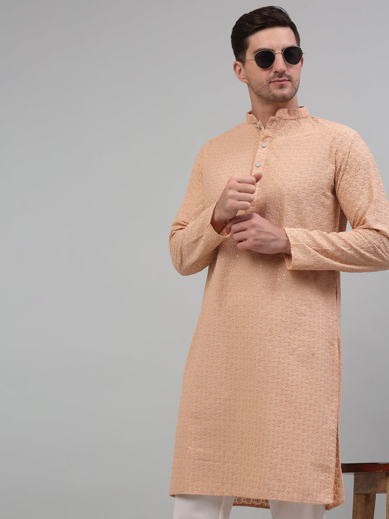 Men's Peach Chikankari Embroidered and Sequence Kurta with Pyjama.