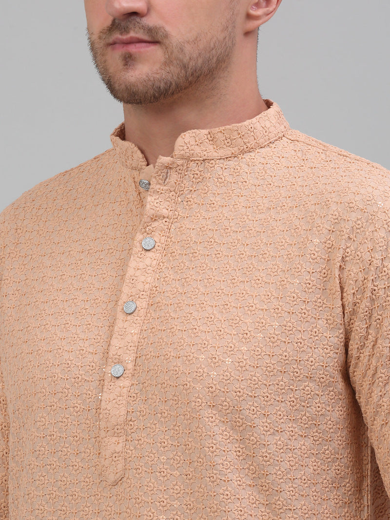 Men's Peach Chikankari Embroidered and Sequence Kurta with Pyjama.