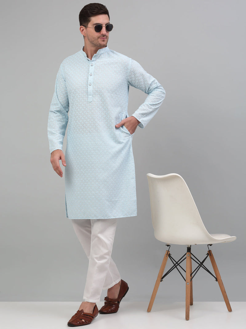 Men's Sky Blue Chikankari Embroidered and Sequence Kurta with Pyjama.