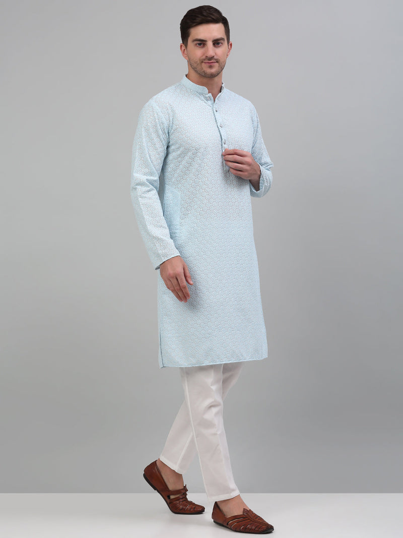 Men's Sky Blue Chikankari Embroidered and Sequence Kurta with Pyjama.