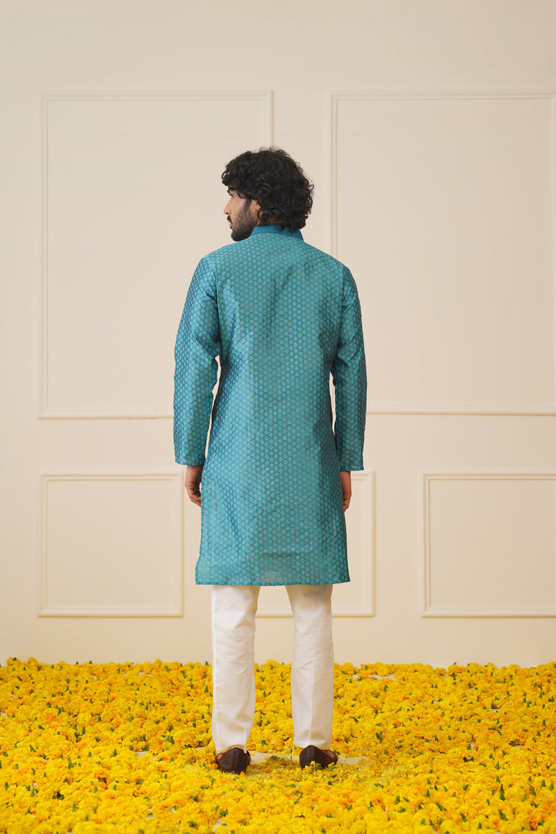 Men's Peacock Blue Collar Embroidered Kurta.