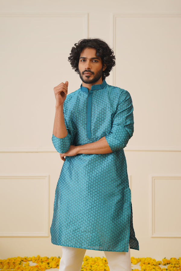 Men's Peacock Blue Collar Embroidered Kurta.