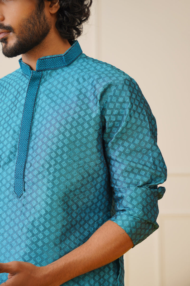 Men's Peacock Blue Collar Embroidered Kurta.