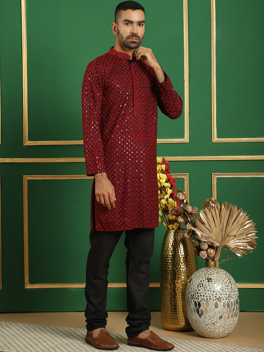 Sequin Embroidered Pure Cotton Kurta with Pyjamas