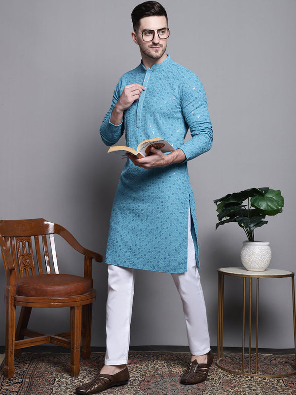 Sequin Embroidered Pure Cotton Kurta with Pyjamas