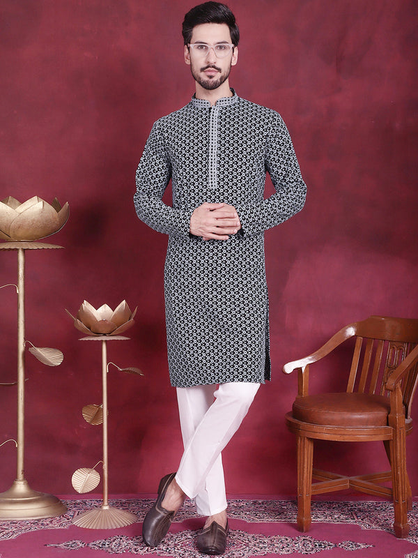 Men's Sequins Embroidered Kurta with Pyjama ( JOKP P 5013 Grey )