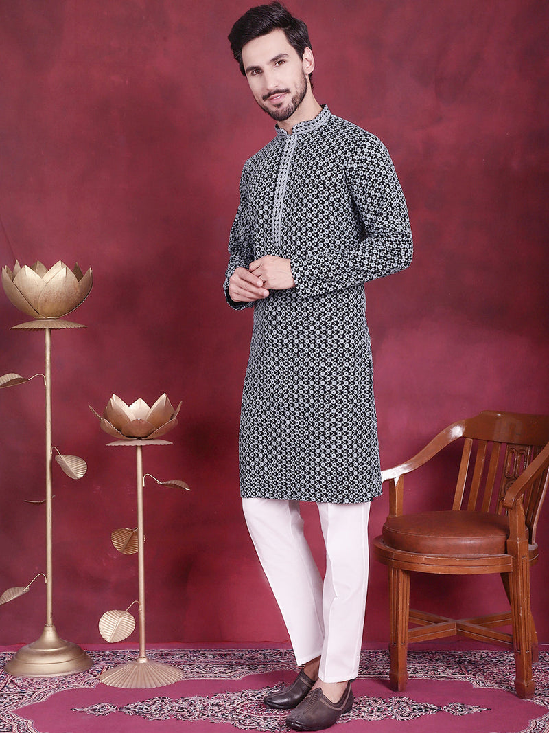 Men's Sequins Embroidered Kurta with Pyjama ( JOKP P 5013 Grey )