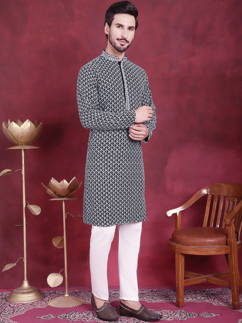 Men's Sequins Embroidered Kurta with Pyjama ( JOKP P 5013 Grey )