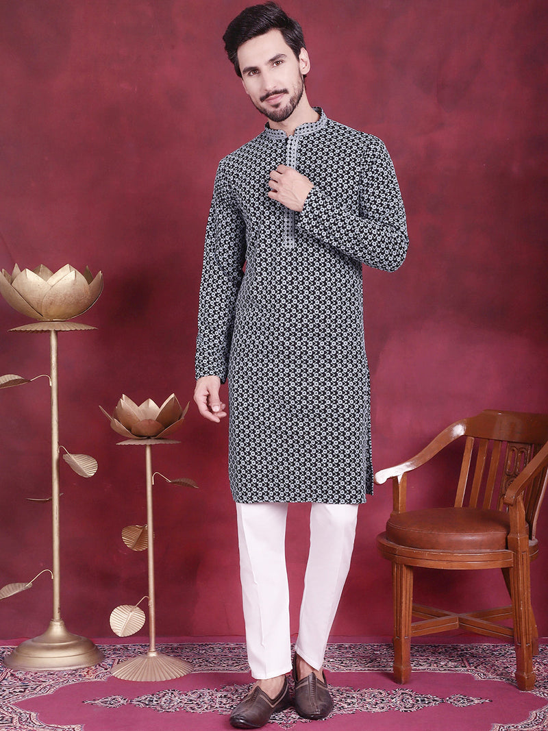 Men's Sequins Embroidered Kurta with Pyjama ( JOKP P 5013 Grey )