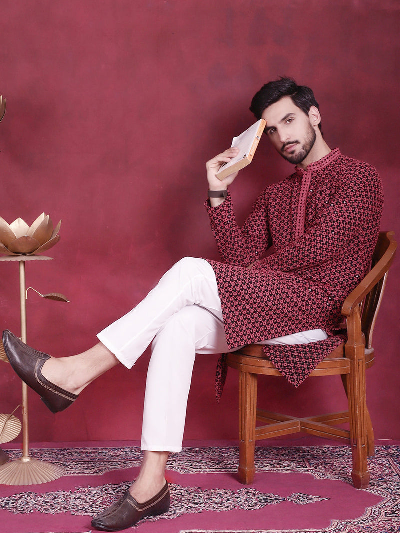 Men's Sequins Embroidered Kurta with Pyjama ( JOKP P 5013 Magenta )