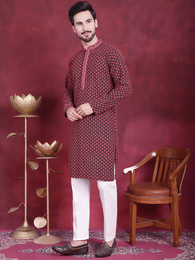 Men's Sequins Embroidered Kurta with Pyjama ( JOKP P 5013 Magenta )