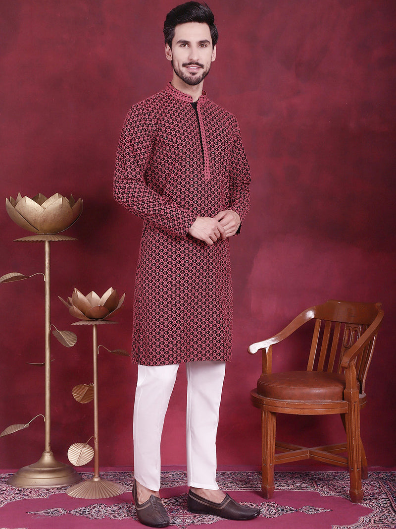 Men's Sequins Embroidered Kurta with Pyjama ( JOKP P 5013 Magenta )