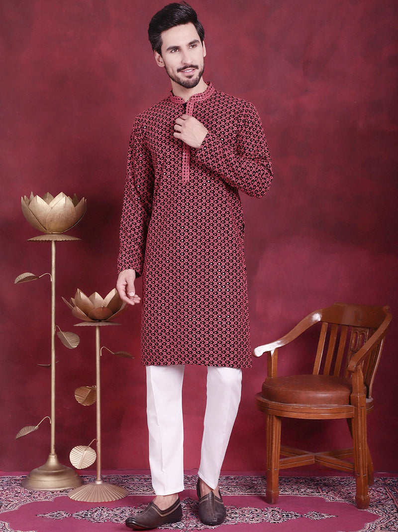 Men's Sequins Embroidered Kurta with Pyjama ( JOKP P 5013 Magenta )