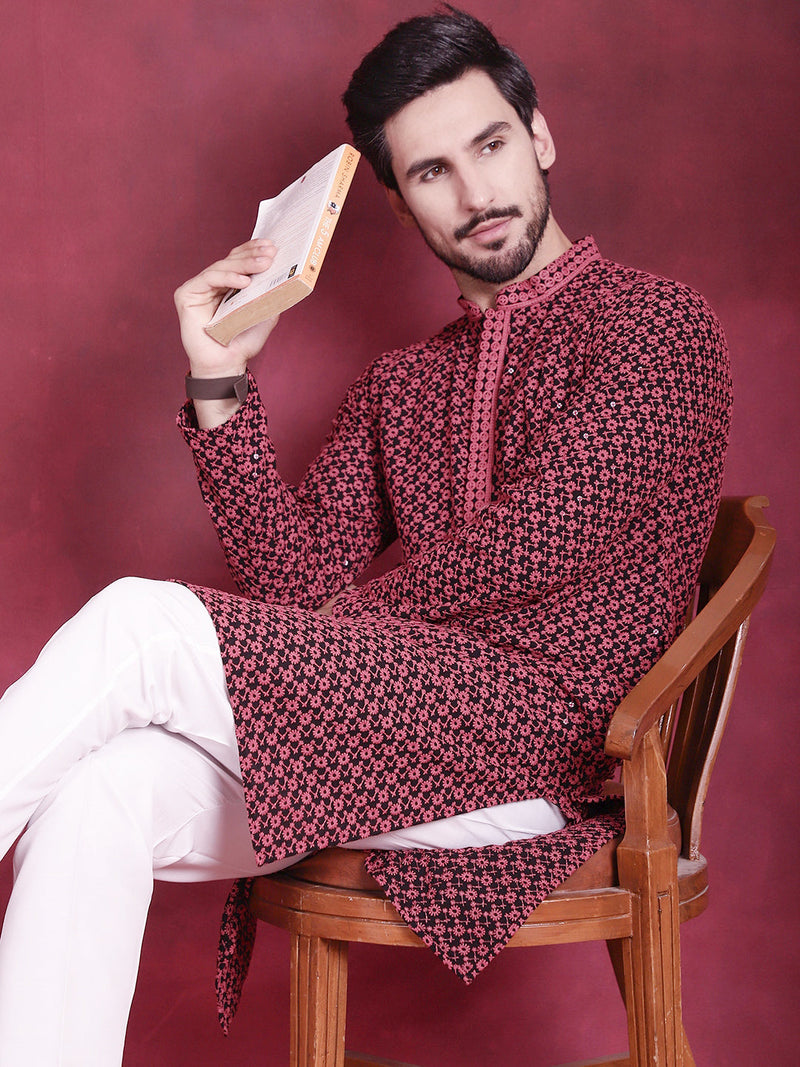 Men's Sequins Embroidered Kurta with Pyjama ( JOKP P 5013 Magenta )