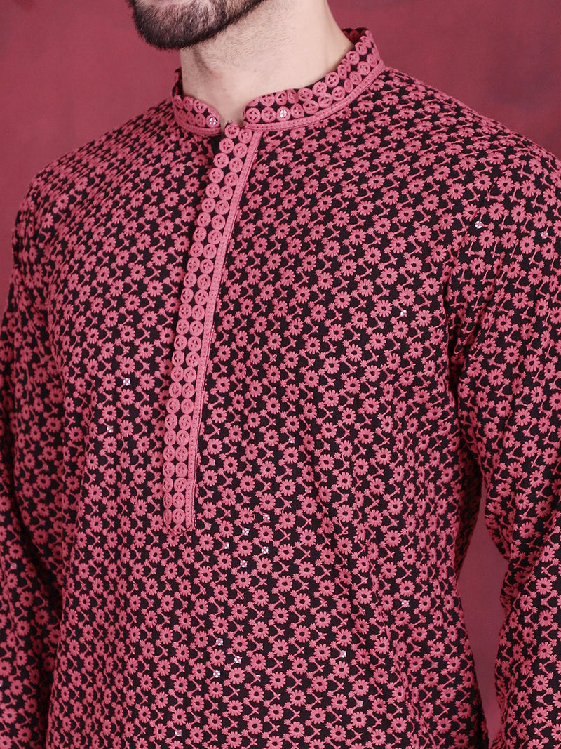 Men's Sequins Embroidered Kurta with Pyjama ( JOKP P 5013 Magenta )