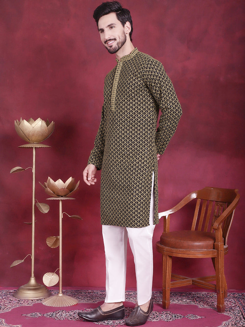 Men's Sequins Embroidered Kurta with Pyjama ( JOKP P 5013 Mehndi )