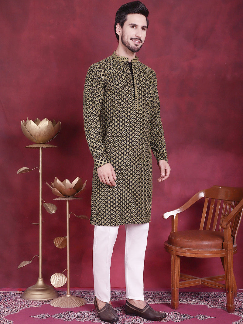 Men's Sequins Embroidered Kurta with Pyjama ( JOKP P 5013 Mehndi )