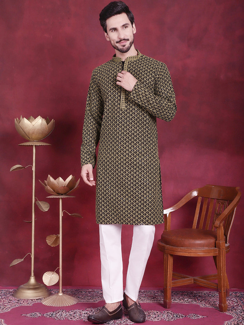 Men's Sequins Embroidered Kurta with Pyjama ( JOKP P 5013 Mehndi )