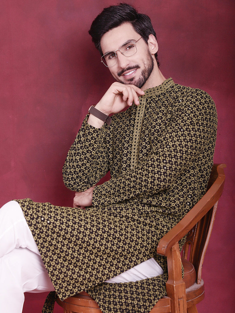 Men's Sequins Embroidered Kurta with Pyjama ( JOKP P 5013 Mehndi )