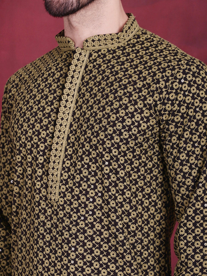 Men's Sequins Embroidered Kurta with Pyjama ( JOKP P 5013 Mehndi )