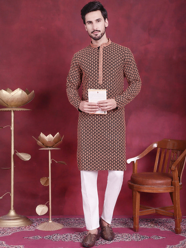 Men's Sequins Embroidered Kurta with Pyjama ( JOKP P 5013 Orange )