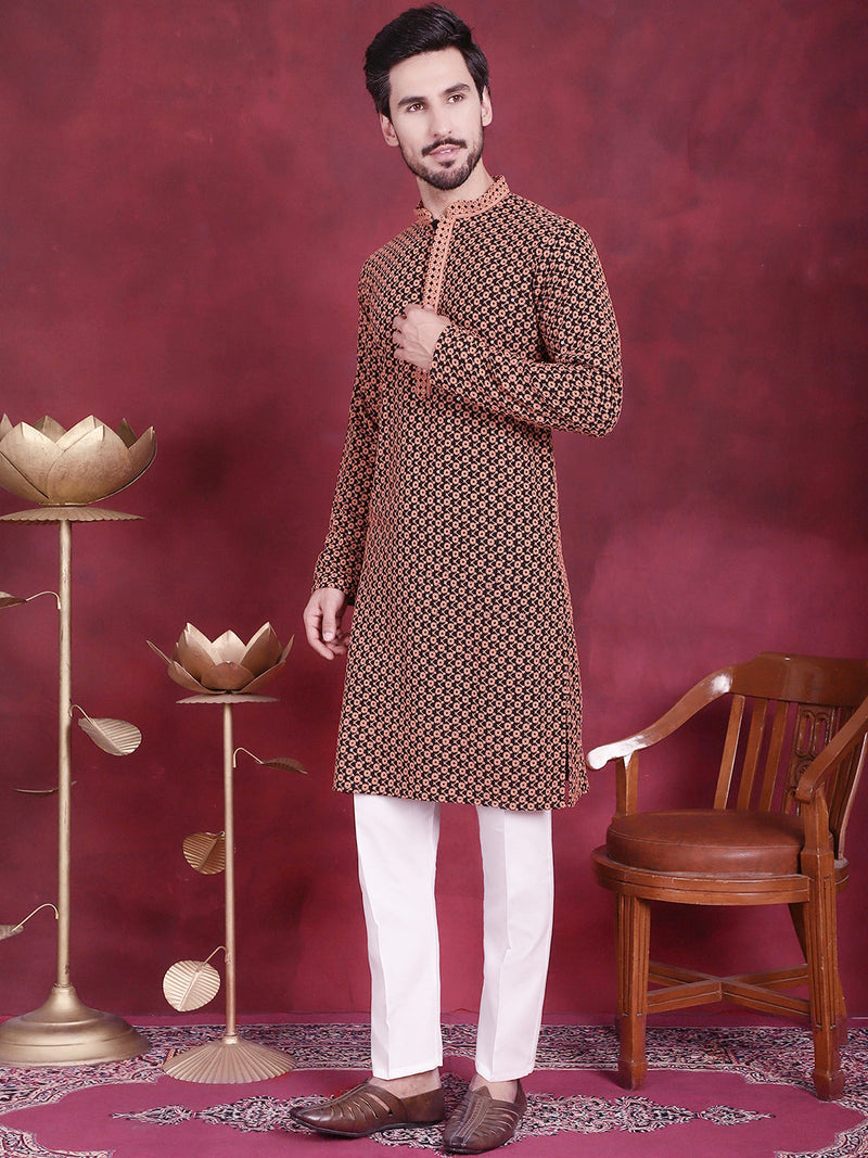 Men's Sequins Embroidered Kurta with Pyjama ( JOKP P 5013 Orange )