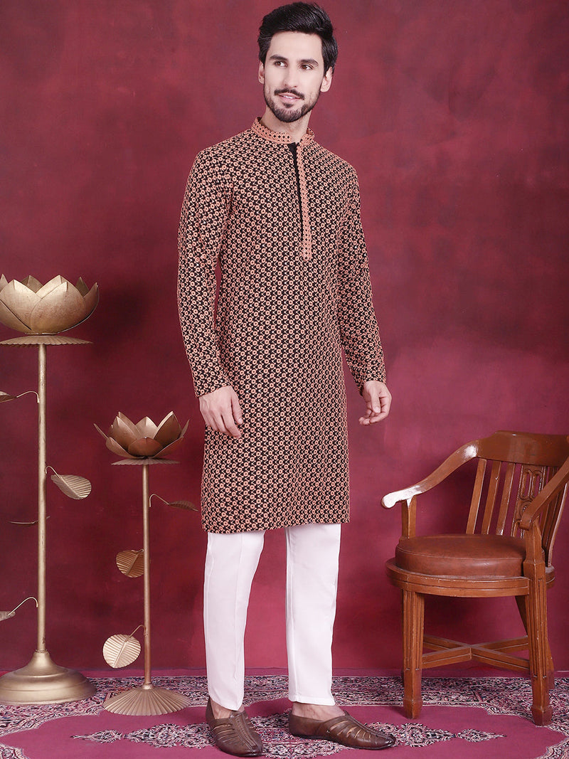 Men's Sequins Embroidered Kurta with Pyjama ( JOKP P 5013 Orange )