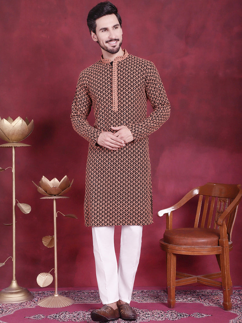 Men's Sequins Embroidered Kurta with Pyjama ( JOKP P 5013 Orange )