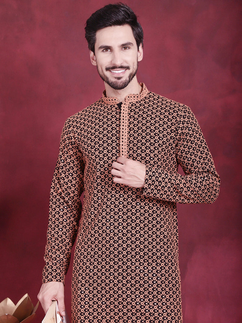 Men's Sequins Embroidered Kurta with Pyjama ( JOKP P 5013 Orange )