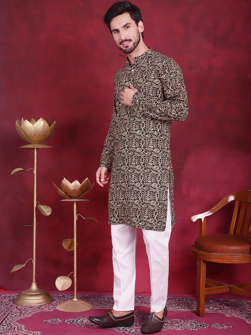 Men's Digital Printed Kurta with Pyjama ( JOKP 5014 Olive )