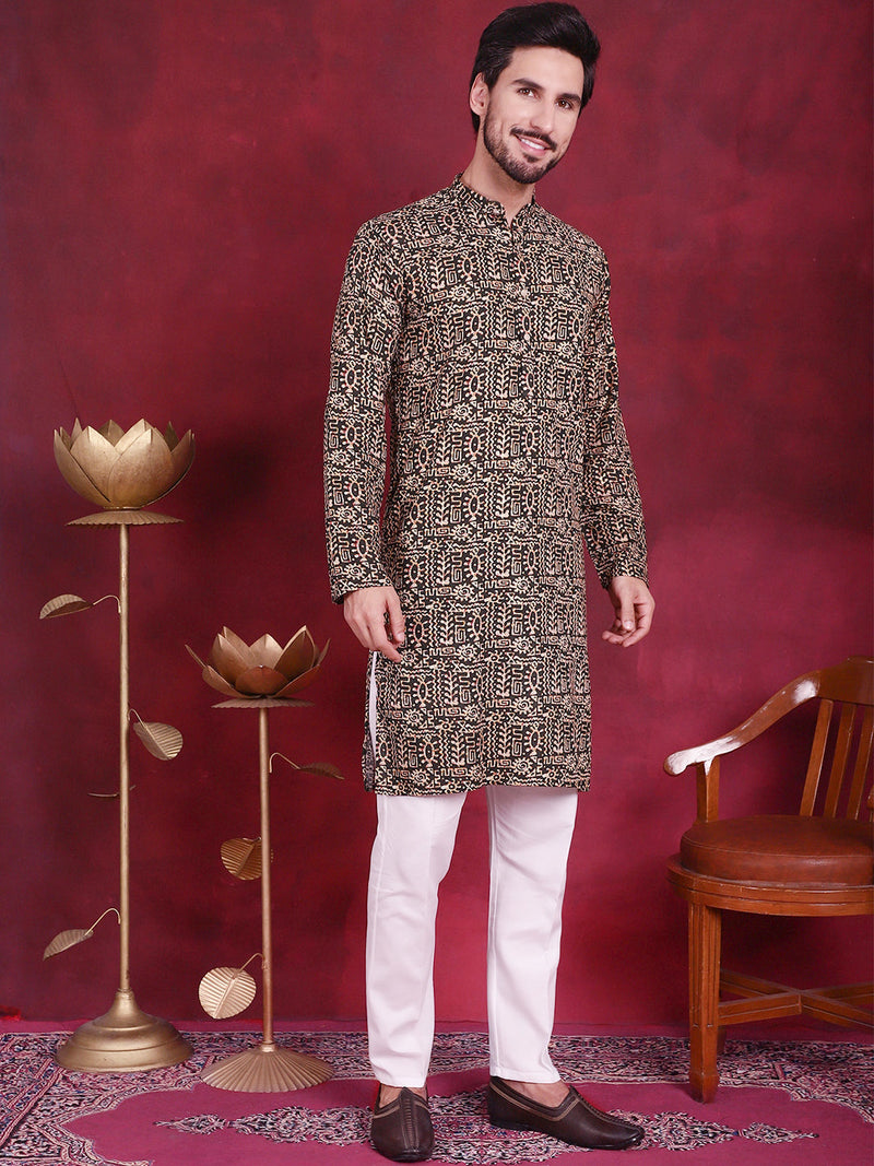 Men's Digital Printed Kurta with Pyjama ( JOKP 5014 Olive )