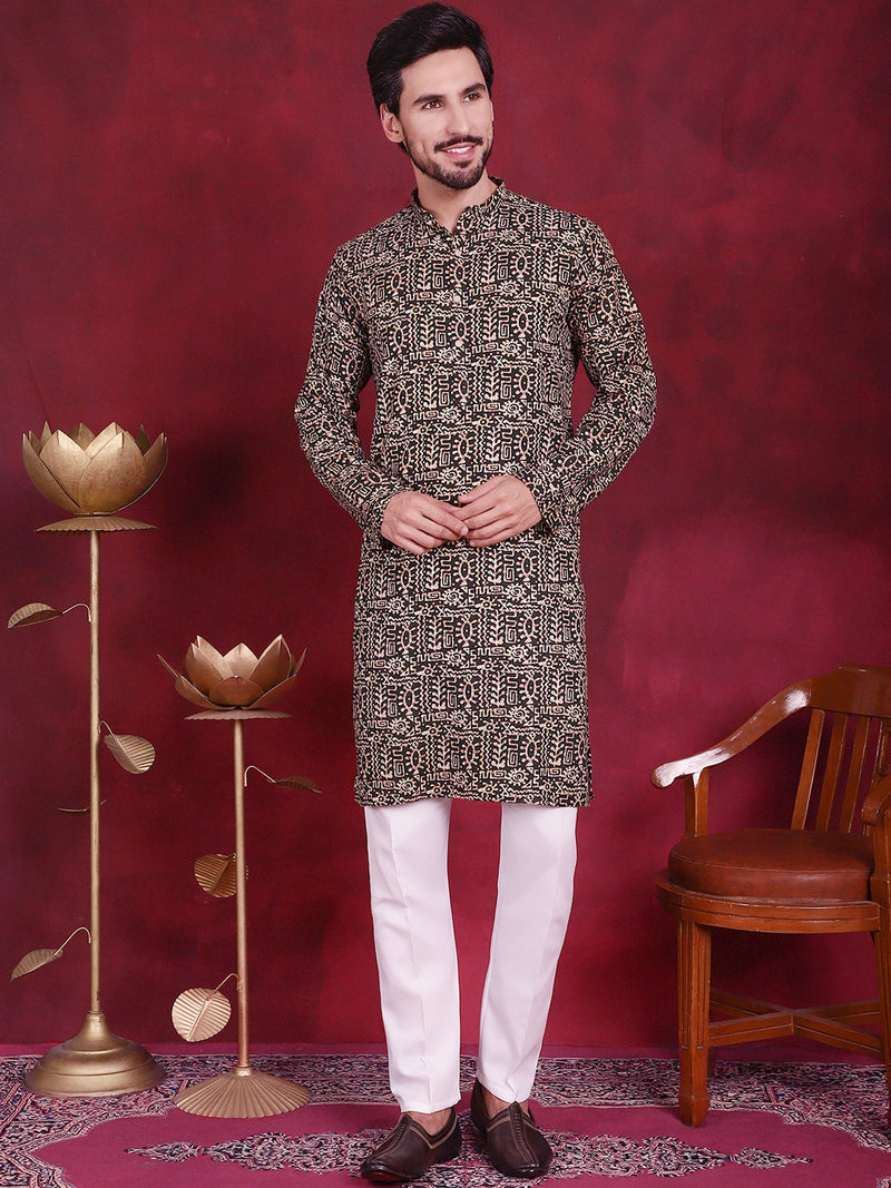 Men's Digital Printed Kurta with Pyjama ( JOKP 5014 Olive )