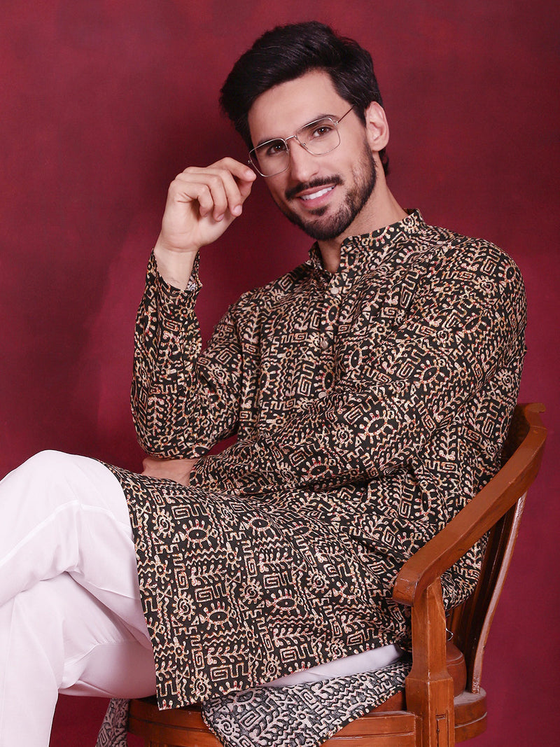 Men's Digital Printed Kurta with Pyjama ( JOKP 5014 Olive )