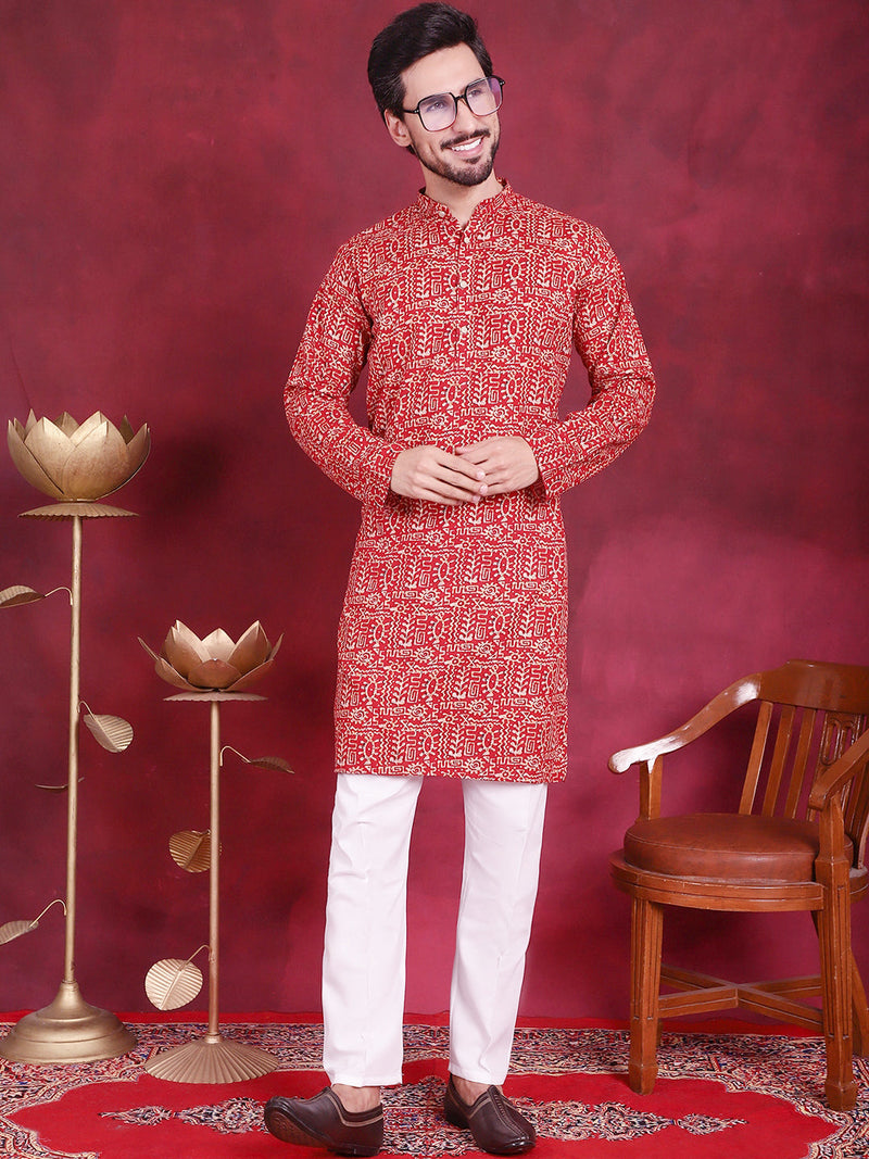 Men's Digital Printed Kurta with Pyjama ( JOKP 5014 Red )