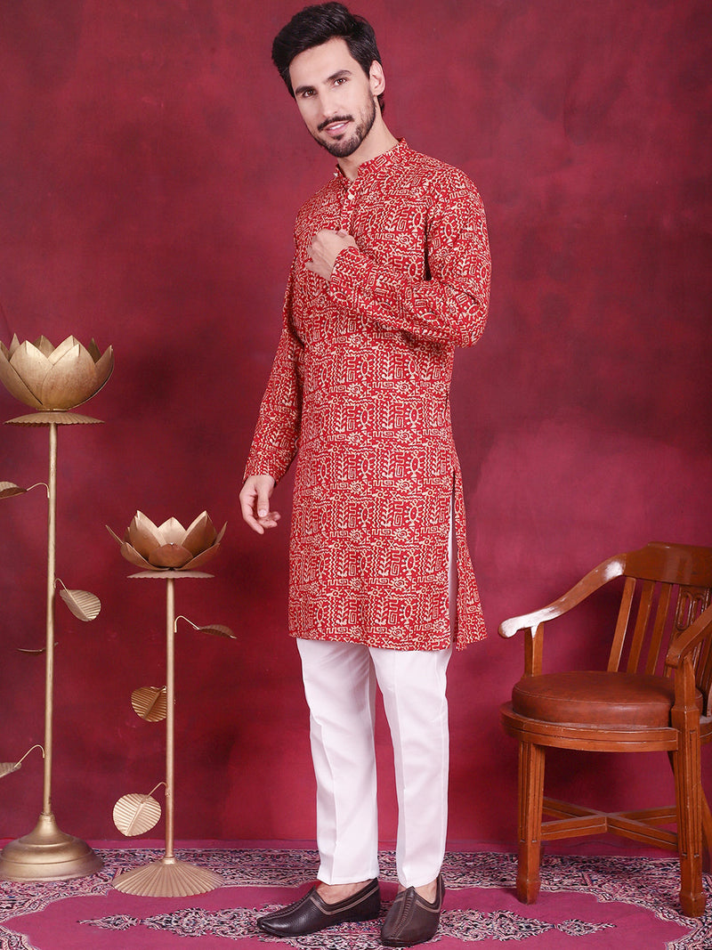 Men's Digital Printed Kurta with Pyjama ( JOKP 5014 Red )