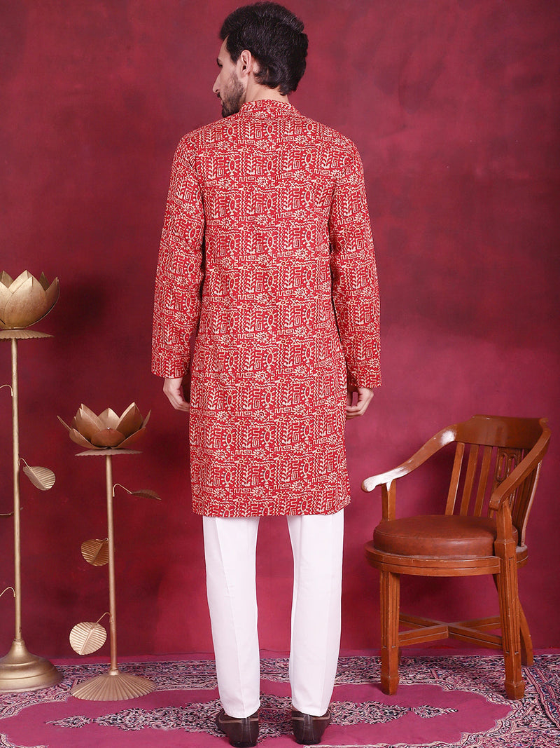 Men's Digital Printed Kurta with Pyjama ( JOKP 5014 Red )