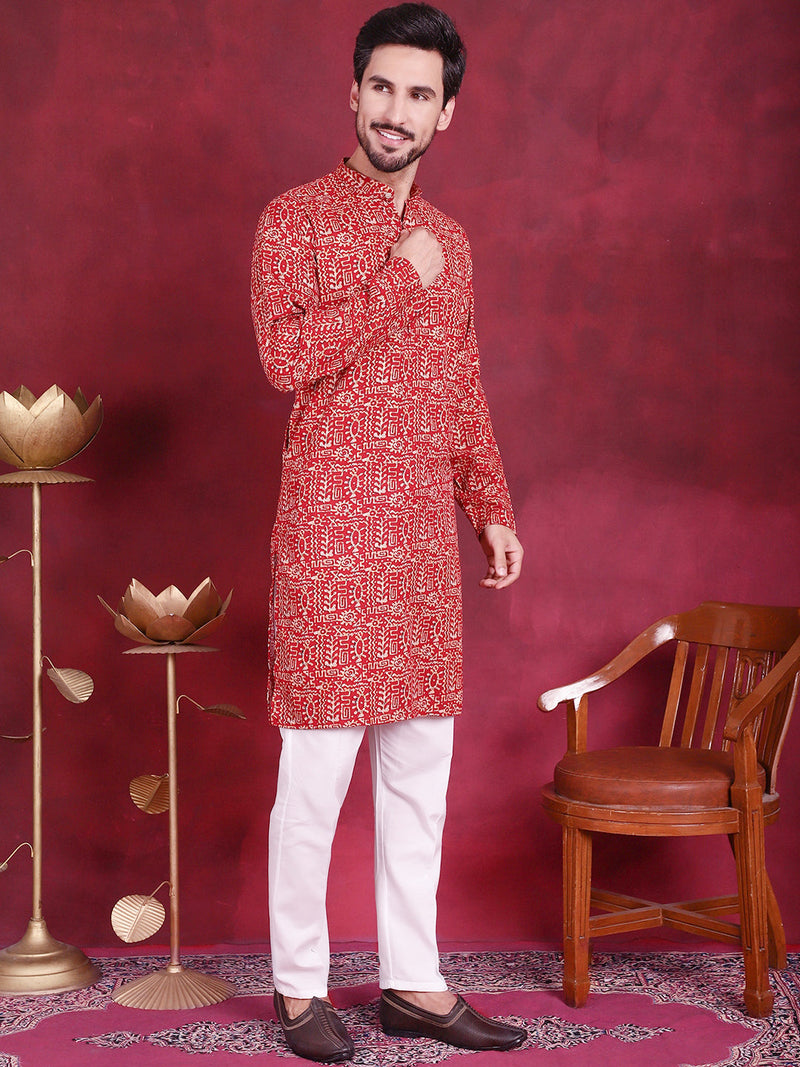 Men's Digital Printed Kurta with Pyjama ( JOKP 5014 Red )