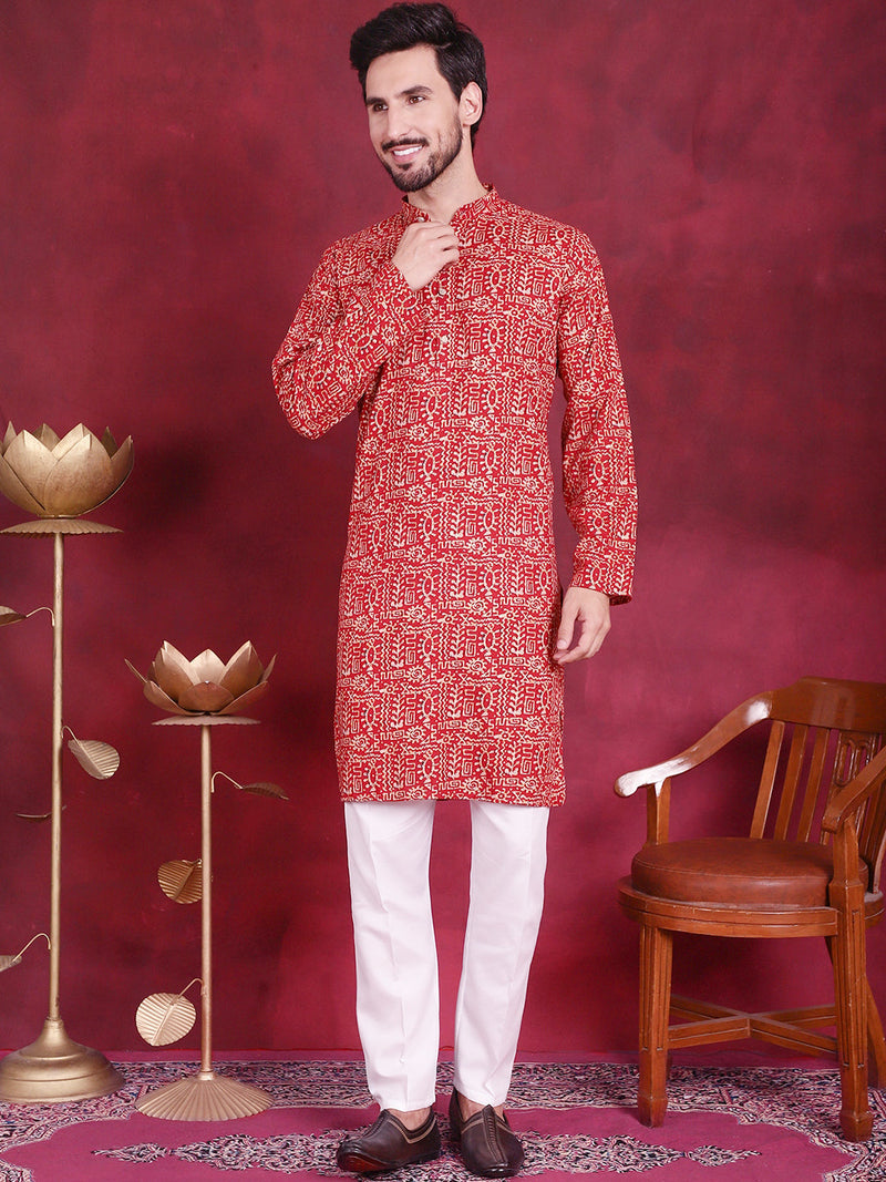 Men's Digital Printed Kurta with Pyjama ( JOKP 5014 Red )