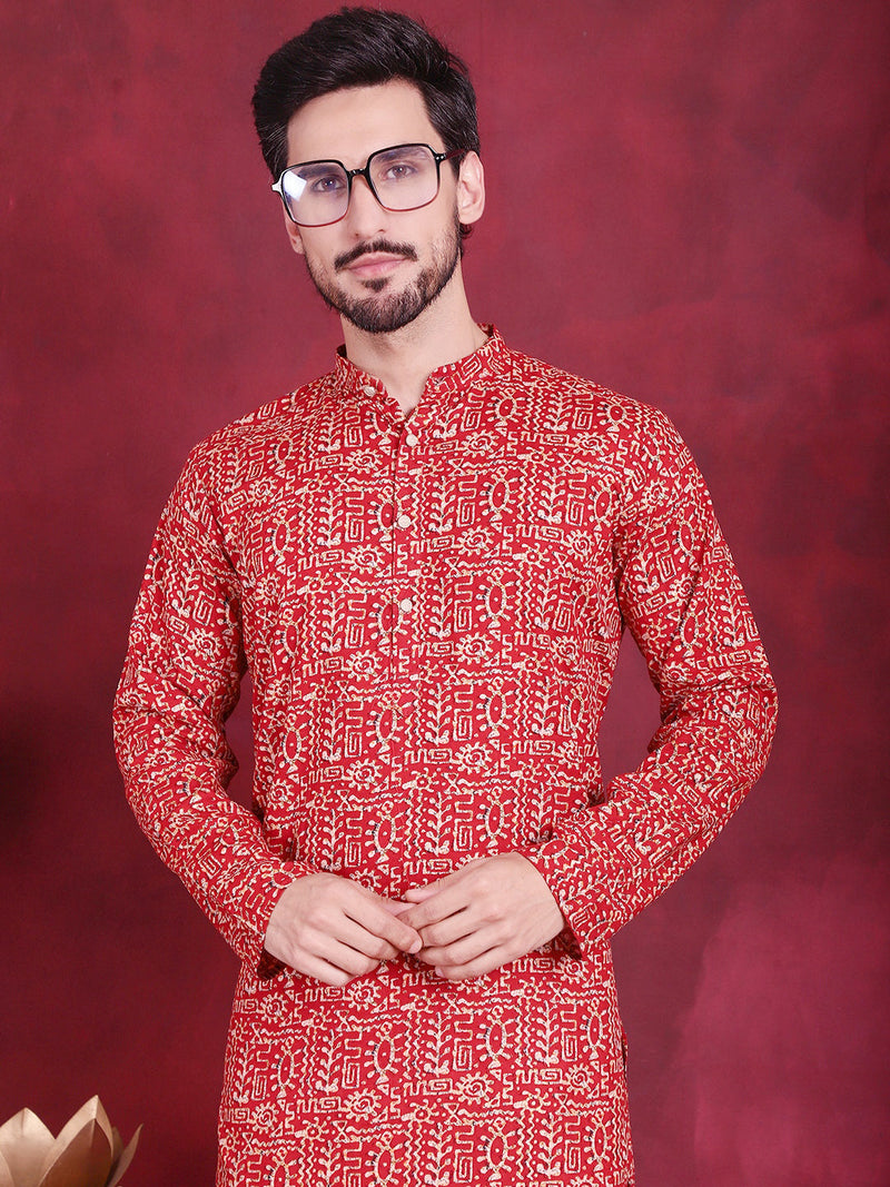 Men's Digital Printed Kurta with Pyjama ( JOKP 5014 Red )