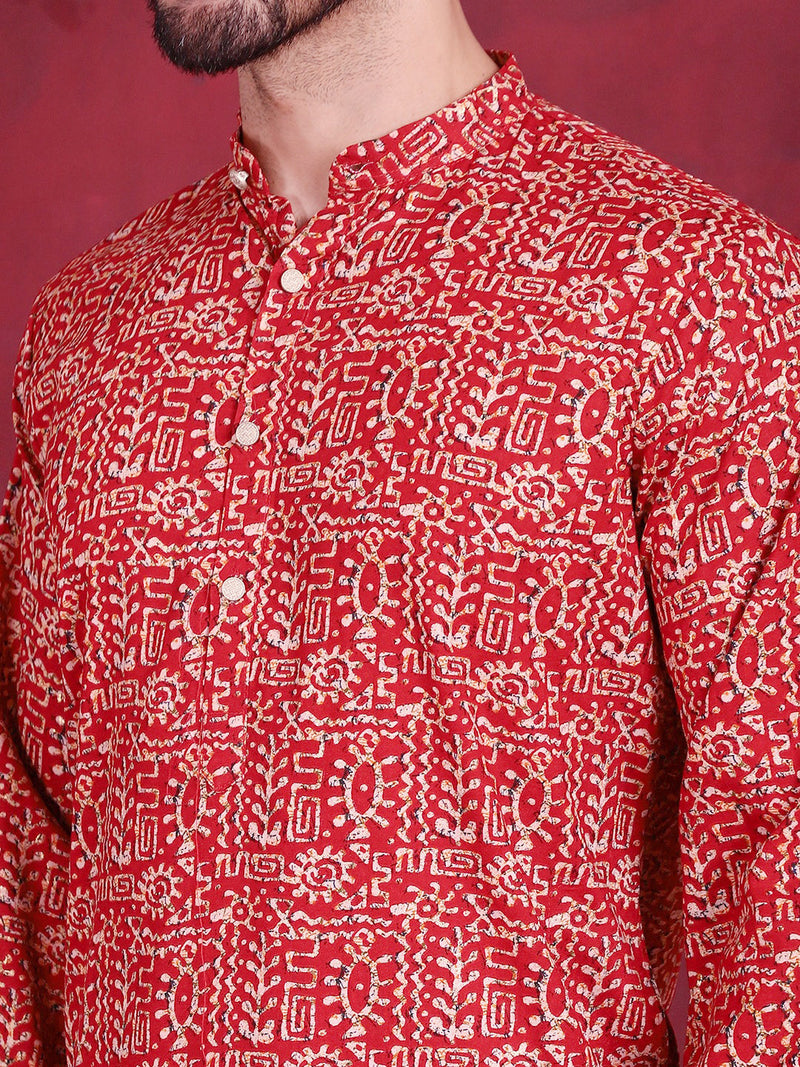 Men's Digital Printed Kurta with Pyjama ( JOKP 5014 Red )