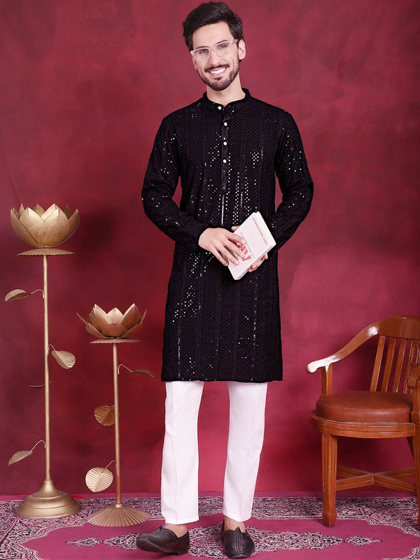 Men's Sequins Chikankari Embroidered Kurta with Pyjama ( JOKP 5015 Black )