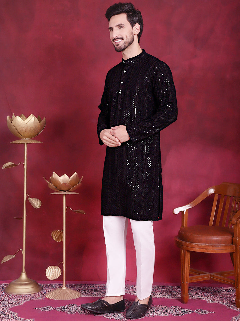 Men's Sequins Chikankari Embroidered Kurta with Pyjama ( JOKP 5015 Black )