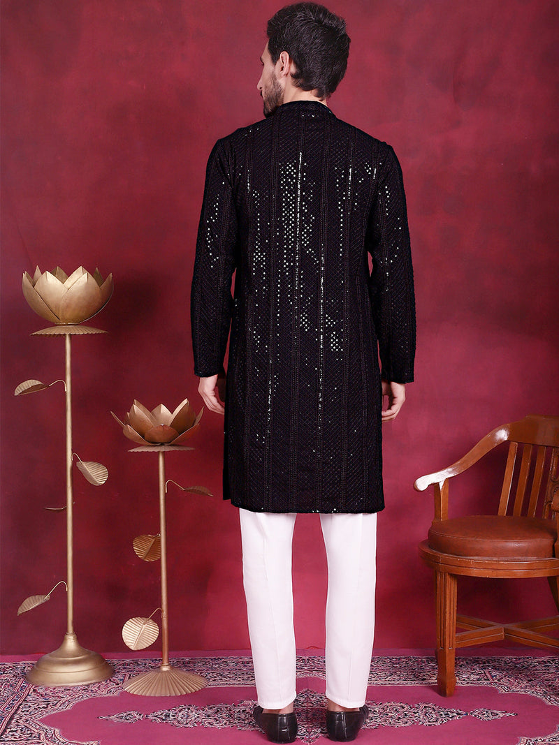 Men's Sequins Chikankari Embroidered Kurta with Pyjama ( JOKP 5015 Black )