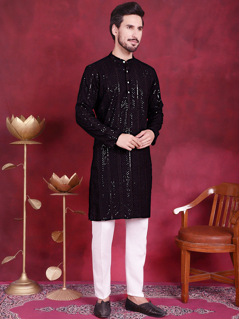 Men's Sequins Chikankari Embroidered Kurta with Pyjama ( JOKP 5015 Black )