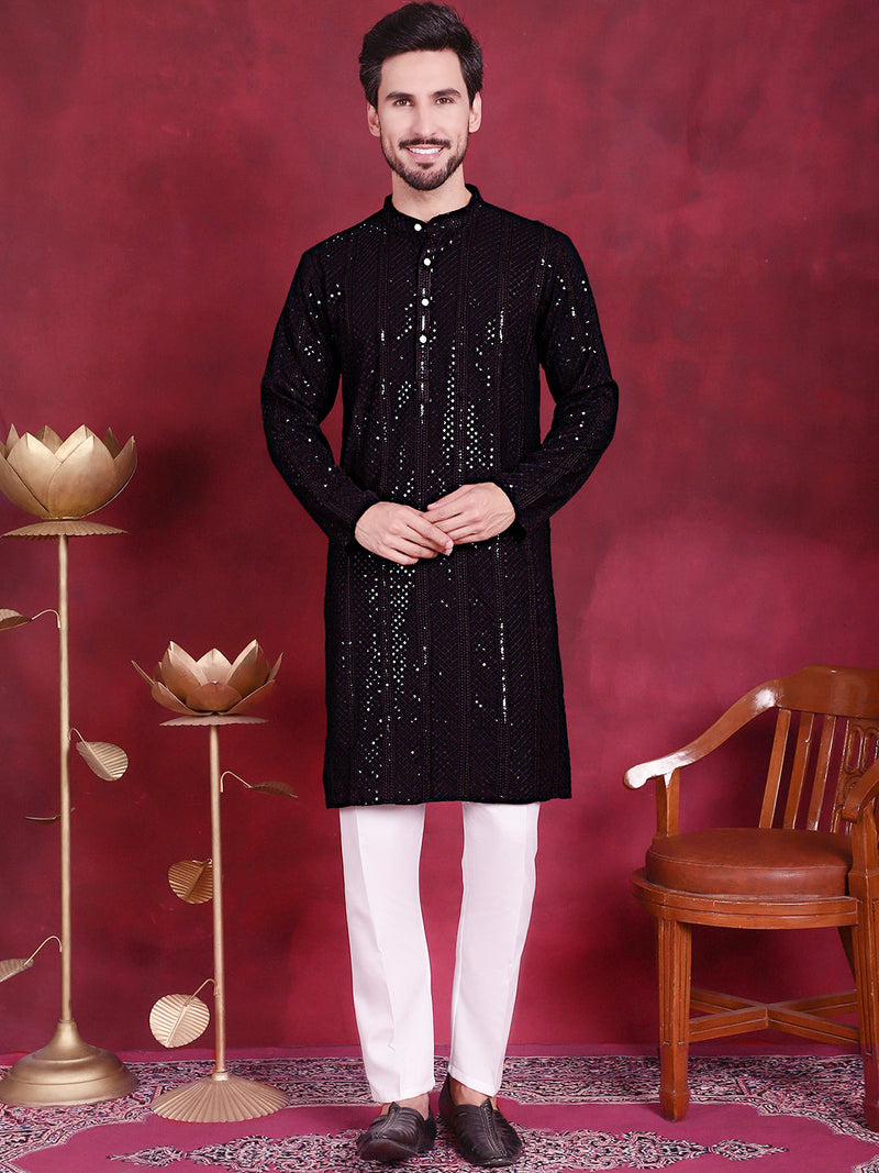 Men's Sequins Chikankari Embroidered Kurta with Pyjama ( JOKP 5015 Black )