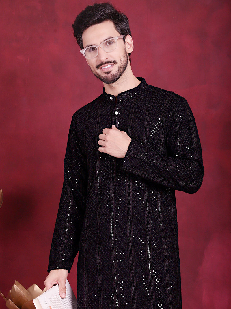 Men's Sequins Chikankari Embroidered Kurta with Pyjama ( JOKP 5015 Black )