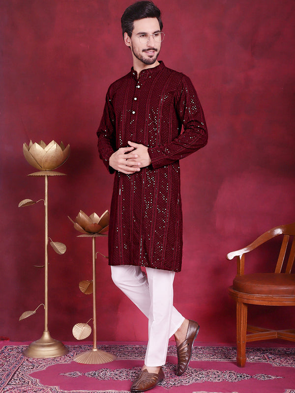 Men's Sequins Chikankari Embroidered Kurta with Pyjama ( JOKP 5015 Maroon )