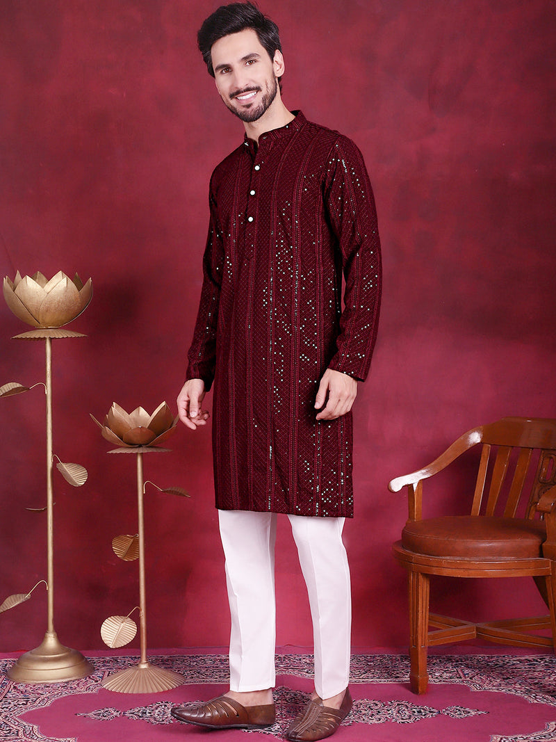 Men's Sequins Chikankari Embroidered Kurta with Pyjama ( JOKP 5015 Maroon )