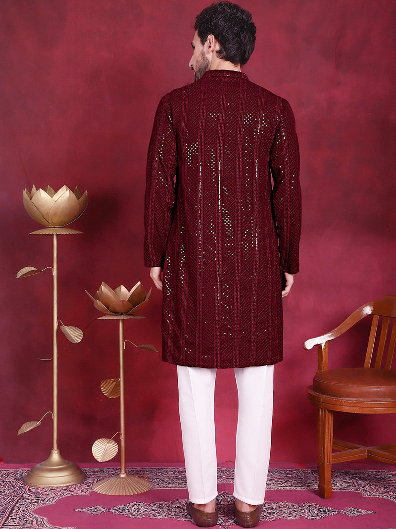 Men's Sequins Chikankari Embroidered Kurta with Pyjama ( JOKP 5015 Maroon )